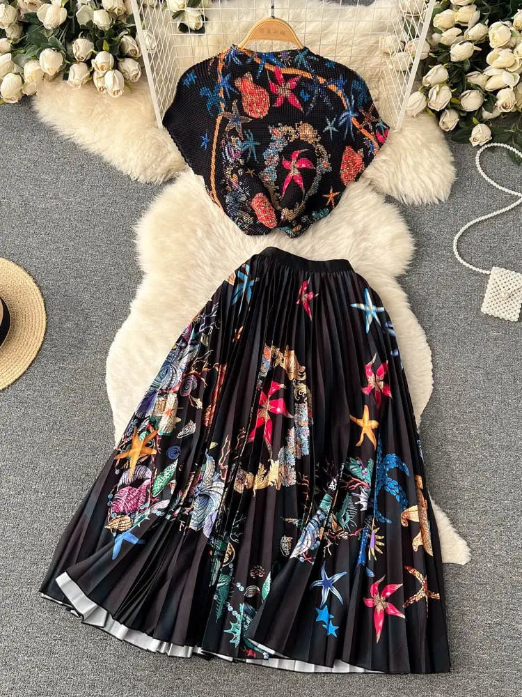 New Summer Runway Pleats Floral Print Two Piece Set Women Half High Collar Stretch Top+Elastic Waist Long Pleated Skirt Outfits