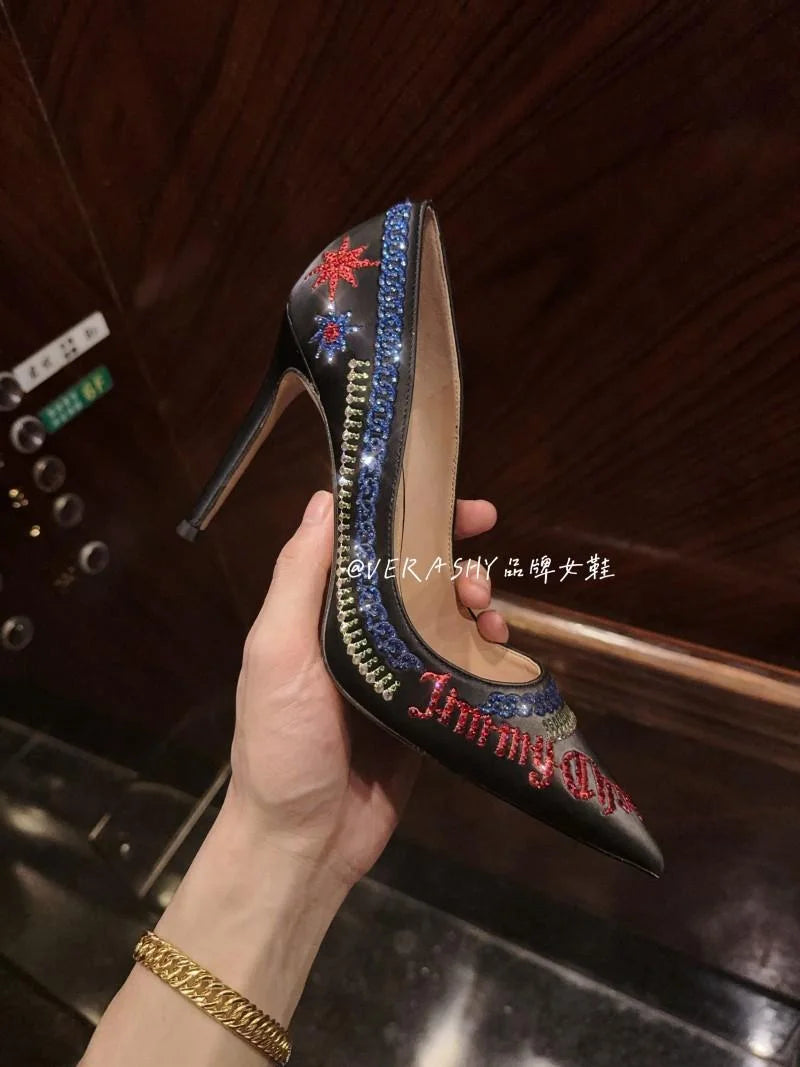 Spring and autumn new pointed shallow rhinestone embroidered single shoes thin high-heeled banquet dress small size women's shoe