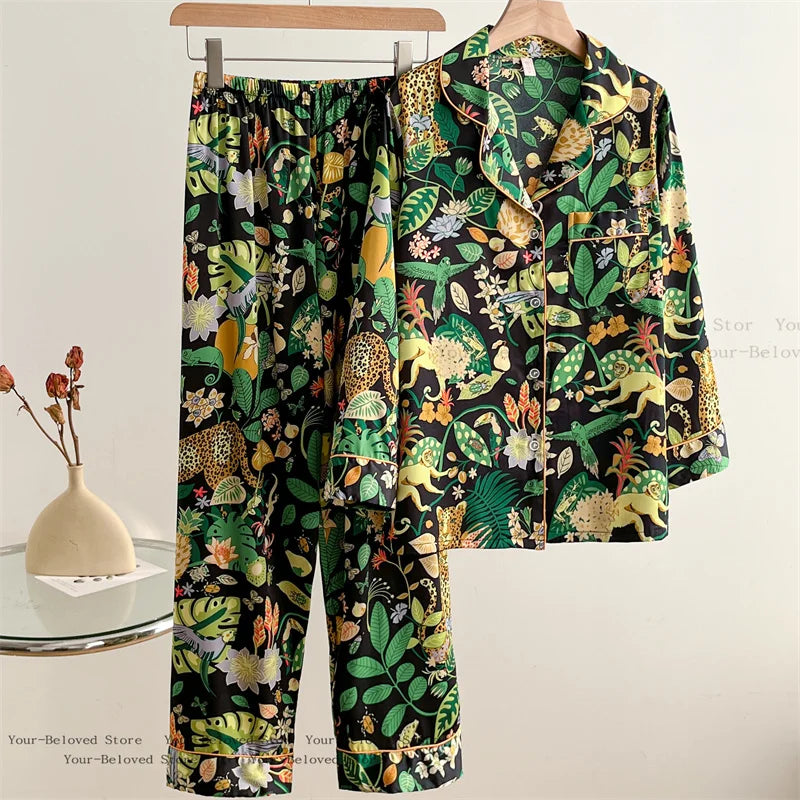 Long Sleeved Pajamas Set Women Rayon Homewear Print 2Pcs Cozy Autumn Spring Nightwear Shirt&pants Loose Trousers Set Loungewear