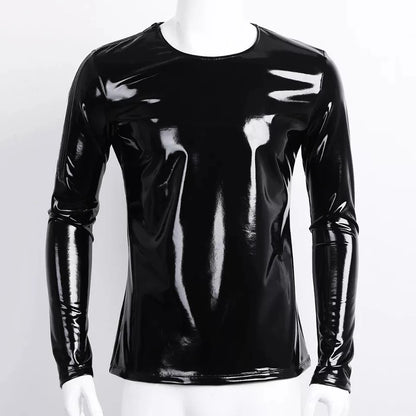 S-7XL Shiny Faux PU Leather Long Sleeve T Shirt Men Wet Look PVC Hot Shapers Tights Shapewear Tshirt Sexy Tee Shirts Tops Body