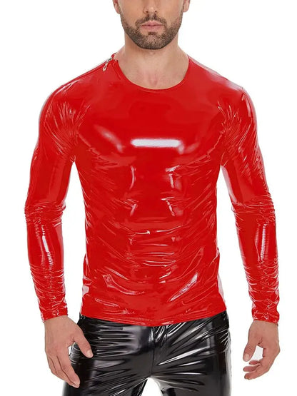 S-7XL Shiny Faux PU Leather Long Sleeve T Shirt Men Wet Look PVC Hot Shapers Tights Shapewear Tshirt Sexy Tee Shirts Tops Body