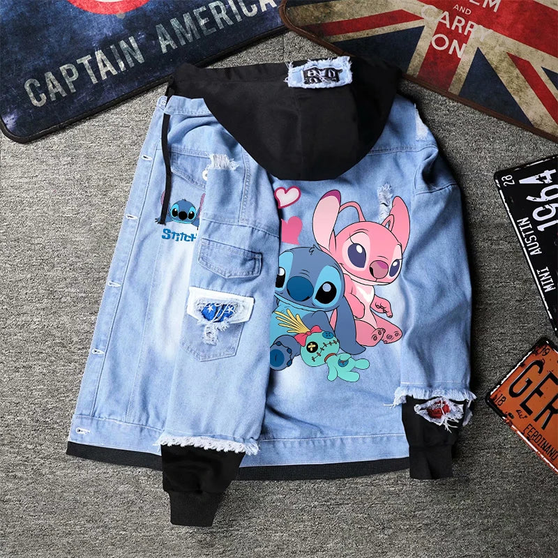 Lilo&stitch Hip Hop Men's Hooded Jean Jackets Women Outerwear Autumn Winter Coat Men Patchwork Denim Jacket Streetwear Clothes