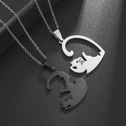 Stainless Steel Heart Shape Hug Pet Cat Pairing Exquisite Couple Necklace Fashion Men Women Jewelry Gift