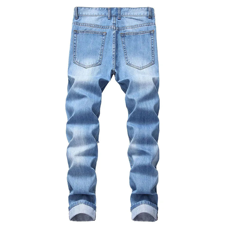 Men's Vintage Ripped Jeans Man Casual Straight Leg Denim pants Light blue Slim Fit hole Jeans Best Sellers