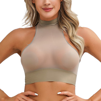 Womens Glossy Crop Tops Mock Neck Sleeveless Sheer See-Through Slim Fit Vest Tops for Swimwear Pool Party Clubwear Nightwear