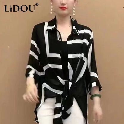 Spring Summer Women's Fashion Printing Loose Casual Blouse Female Long Sleeve Buttons All-match Top Lady Elegant Sunscreen Shirt