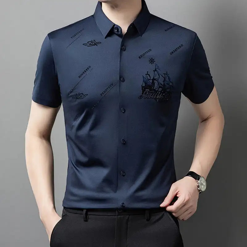 Men's Business Short Sleeves Button Down Shirt Printed High Elastic And Non Ironing Shirt High Level Business Casual Shirt