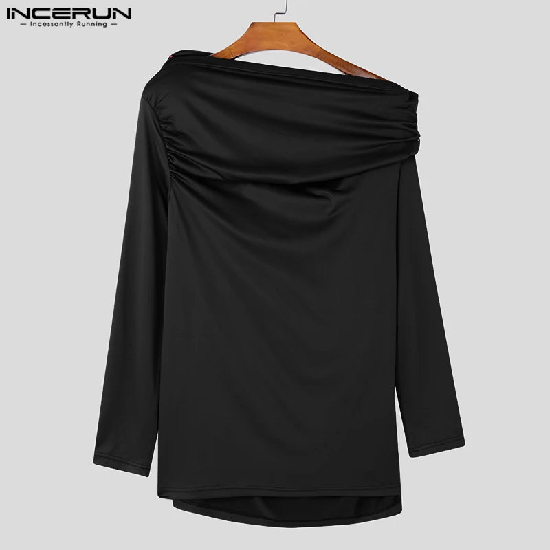 Stylish Sexy Style Tops INCERUN Men's Sloping Shoulder Collar T-shirts Personality Male Solid Color Long Sleeved Camiseta S-5XL