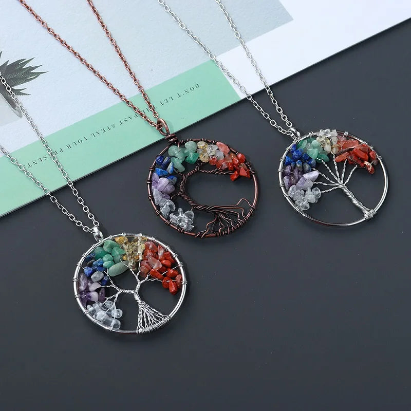 Natural Crystal Stone Tree of Life Pendant Necklace 7 Chakra Quartz Amethyst Necklace Pendant Wedding Jewelry for Women