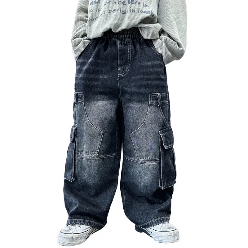 Boys Retro Jeans Spring Autumn New Teenager Children Fried Street Handsome Straight Loose Wide-leg Pants Kids Cargo Denim Jeans