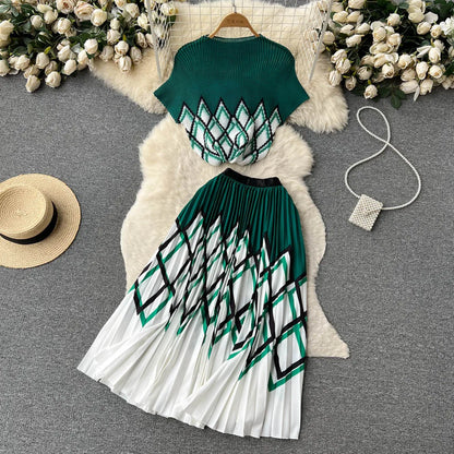 New Summer Runway Pleats Floral Print Two Piece Set Women Half High Collar Stretch Top+Elastic Waist Long Pleated Skirt Outfits