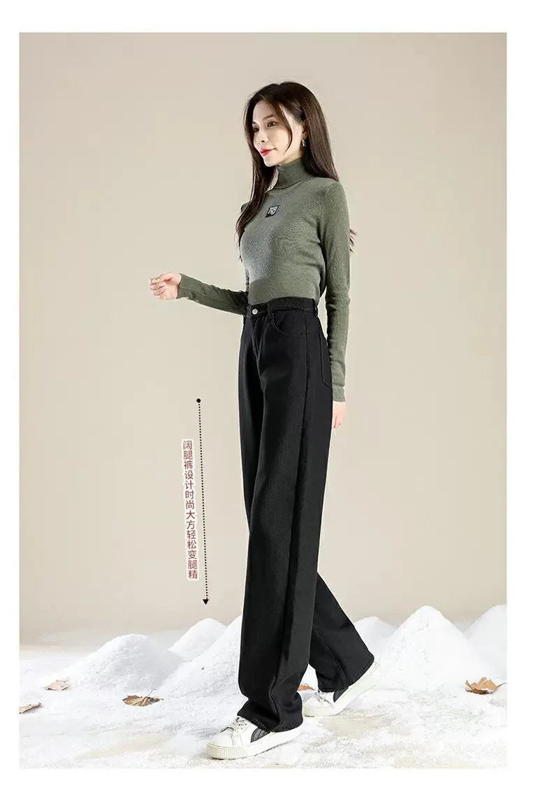 Charcoal Grey Fleece-Lined High-Waisted Versatile Bell Bottoms Jeans Women's Autumn/Winter Thickened Straight-Leg Loose-Fit Warm