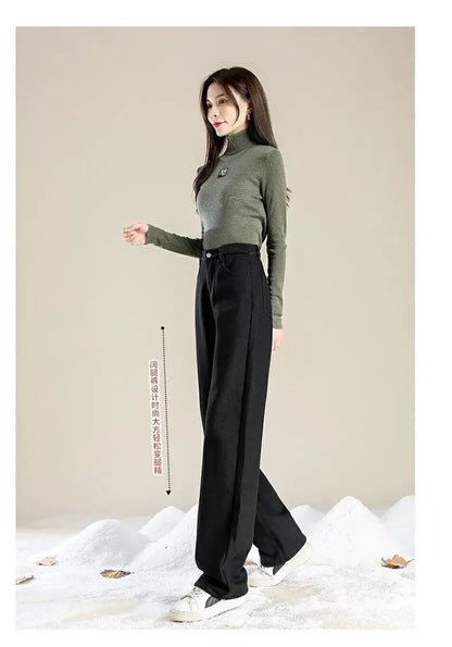 Charcoal Grey Fleece-Lined High-Waisted Versatile Bell Bottoms Jeans Women's Autumn/Winter Thickened Straight-Leg Loose-Fit Warm