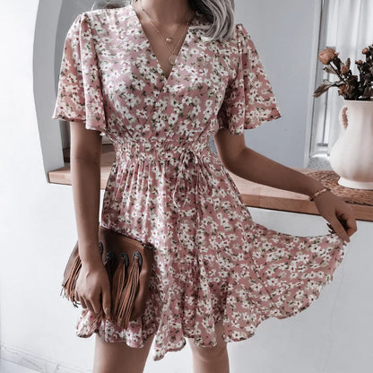 Summer 2024 new style women floral dress bubble sleeve French retro V-neck high-end chic design A-line skirt girls short dress