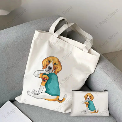 2pcs/set Beagle Bagel Dog Cute Print Tote Bag, Large Capacity Shoulder Bag, Women's Casual Handbag for Work School Shopping