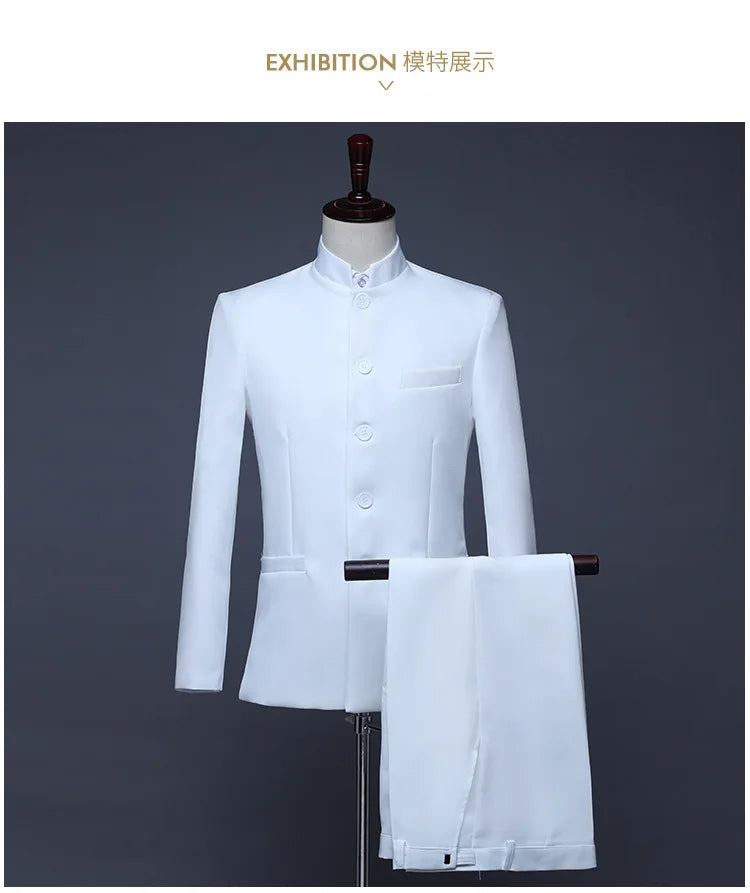 New Men Pure Colour Business Formal Wedding Banquet Suit 2 Piece Red / White Male Chinese Style Standing Collar Blazer Trousers