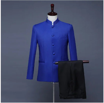 New Men Pure Colour Business Formal Wedding Banquet Suit 2 Piece Red / White Male Chinese Style Standing Collar Blazer Trousers