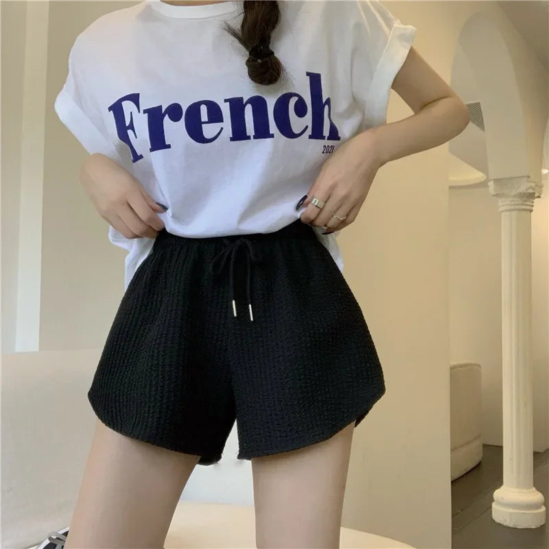 Women Shorts Summer High Elastic Lace Up Drawstring Wide Leg Sweat Short Fitness Running Shorts Loose Casual Large Sports Pants