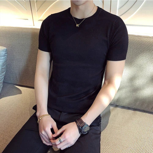 Top Quality Summer Thin Short Sleeved Knitwear T-shirt Men Clothing 2024 Solid Color Slim Fit O-Neck Tee Shirt Streetwear 3XL-M