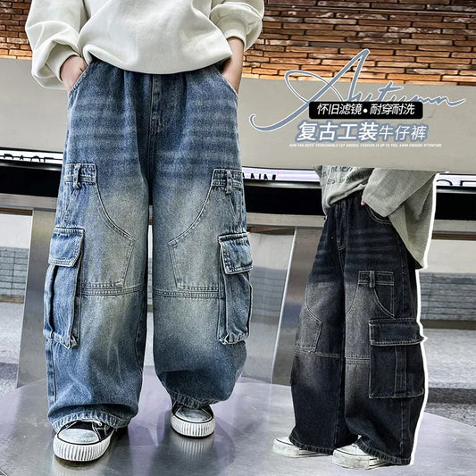 Boys Retro Jeans Spring Autumn New Teenager Children Fried Street Handsome Straight Loose Wide-leg Pants Kids Cargo Denim Jeans