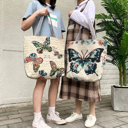 Summer Women's Canvas Cartoon Graffiti Printing Handbag Large Capacity Shoulder Beach Bag Fashion Folding Ladies Casual Tote Bag