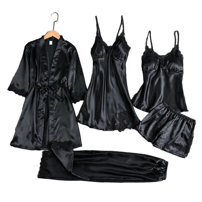 Silk Pajama Set Elegant Satin Lace Patchwork Women's Pajamas Set with Lace-up Waist 5 Piece Nightgown Top Shorts for Comfortable