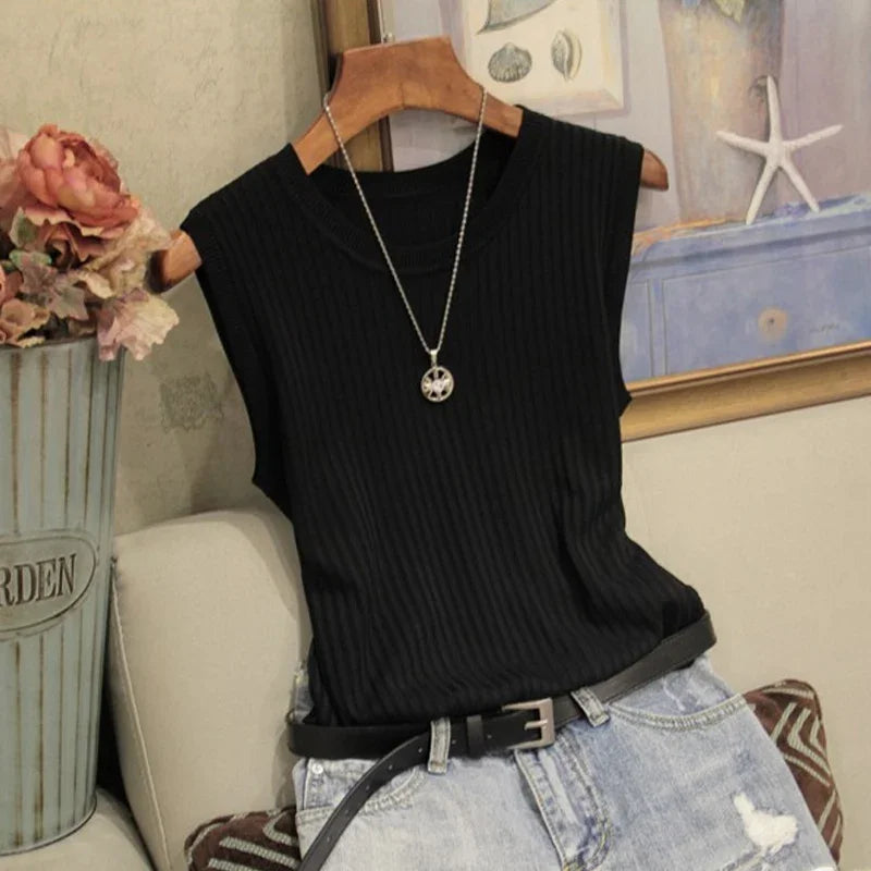 Summer Sleeveless Knitted Blouse Women Pullover O-Neck White Knit Blouse Shirt Women Tops Blusas Mujer De Moda 2024 Verano C853