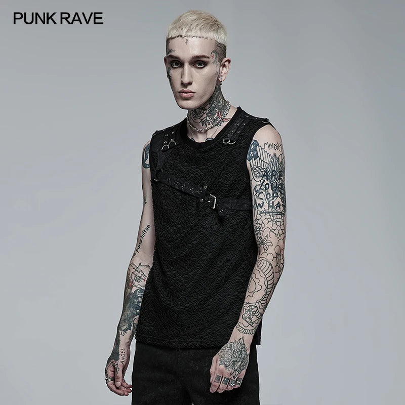 PUNK RAVE Men's Punk Style Daily Stylish Mesh V-neck Short Sleeve T-shirt Men Tank Casual Tops Spring and Summer Tees