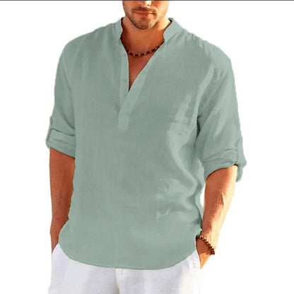 New Men's Linen Long Sleeve T-Shirts Breathable Shirt Solid Color Casual Basic Cotton Linen Shirt Tops