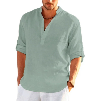 New Men's Linen Long Sleeve T-Shirts Breathable Shirt Solid Color Casual Basic Cotton Linen Shirt Tops