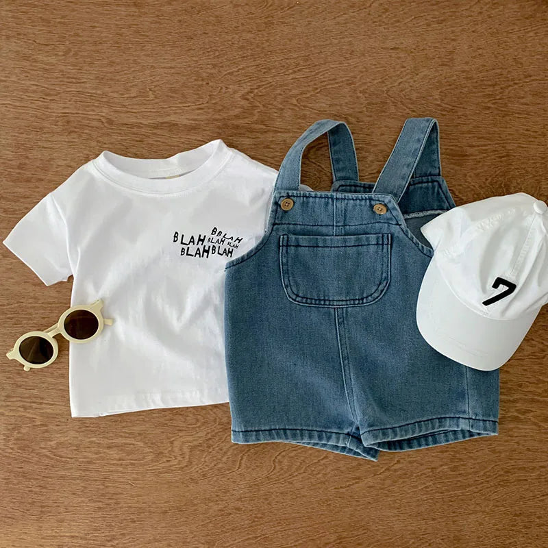 MILANCEL 2024 Summer Toddler Baby Clothing Set Girls T-shirt Suit Infant Solid Tee and Denim Overall Shorts Boys Outfit