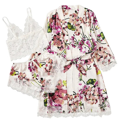 Women's Sexy Fashion Plus Size White Flower Print Three Piece Lace Strap Plus Shorts And Gown Pajama Set