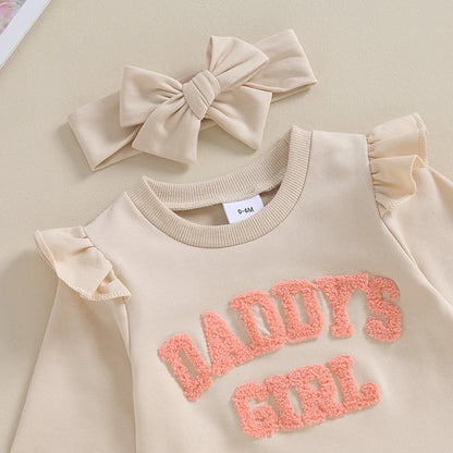 Spring Autumn Newborn Baby Girls Rompers Clothes Letter Embroidered Crew Neck Long Sleeve Jumpsuits Headband Long Pants Overalls