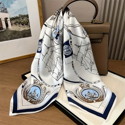 Luxury Large Nautical Print Square Scarf Thin Breathable Silky Neck Scarf Glamorous Style Sunscreen Headscarf