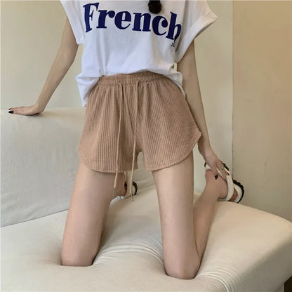 Women Shorts Summer High Elastic Lace Up Drawstring Wide Leg Sweat Short Fitness Running Shorts Loose Casual Large Sports Pants