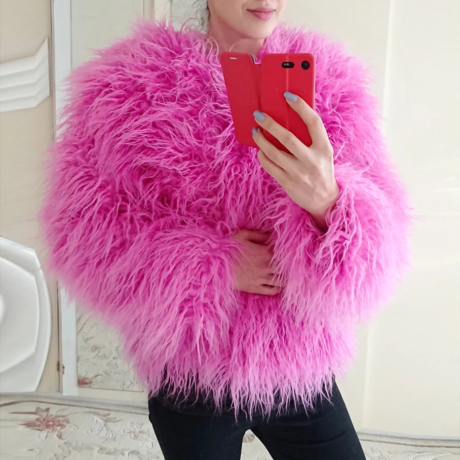 Colorful Warm Faux Women Fur Coat Loose Black White Pink Plush Coat Female Jacket Fur Autumn Winter Shaggy Outerwear