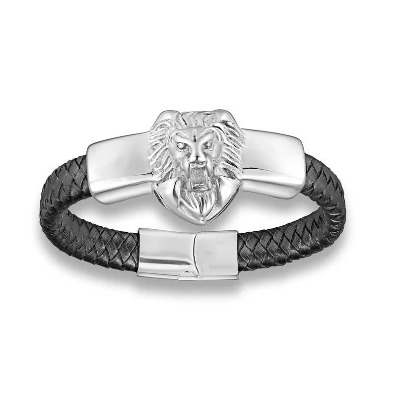 Fashion Gold Color Lion King Stainless Steel Braided Chain Bracelet Domineering Men\\'s Rock Wristband Alloy Lion Head Jewelry