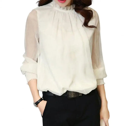 Chiffon Shirt Perspective Net Mesh Sleeve Elastic Cuffs Women Shirt Elegant Ruffle Collar Solid Color