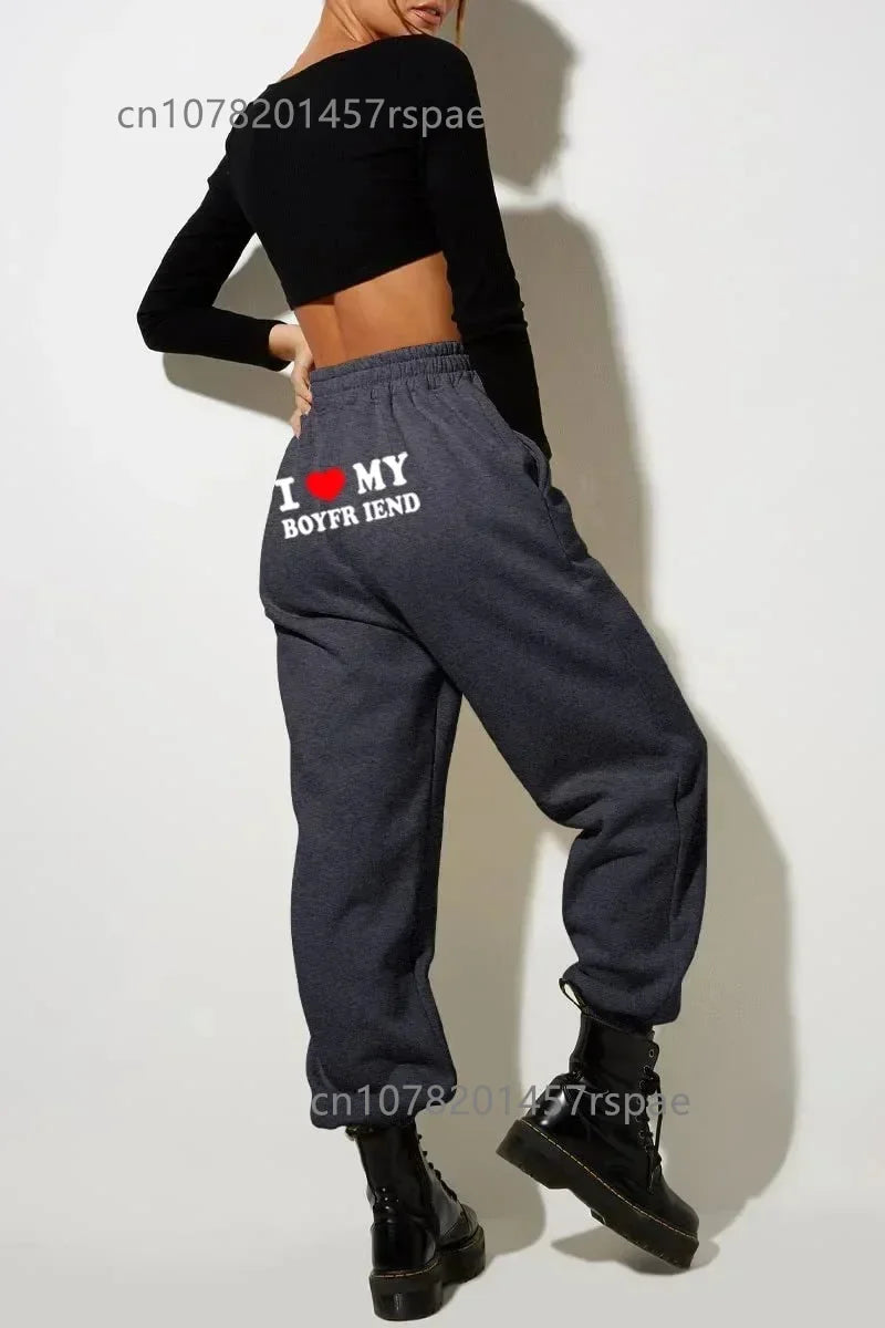 New I Love My Boyfriend Printed Sweatpants Y2k High Elastic Waist Drawstring Baggy Trousers Vintage Casual Loose Straight Pants