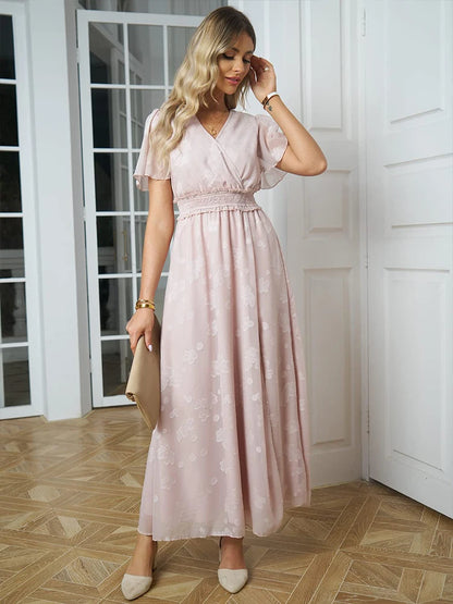 Maxi Dress Casual Summer V Neck Puff Sleeve High Waist Lace Up Dress Elegant Flowy Dress Sleeveless for Women  Thigh Slit Crosso