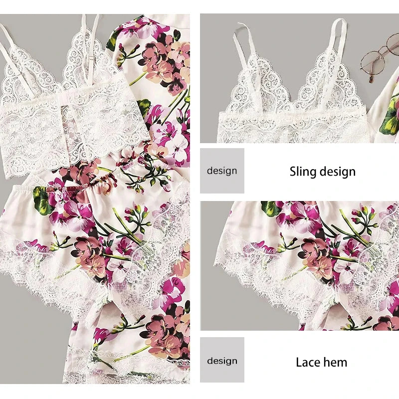 Women's Sexy Fashion Plus Size White Flower Print Three Piece Lace Strap Plus Shorts And Gown Pajama Set