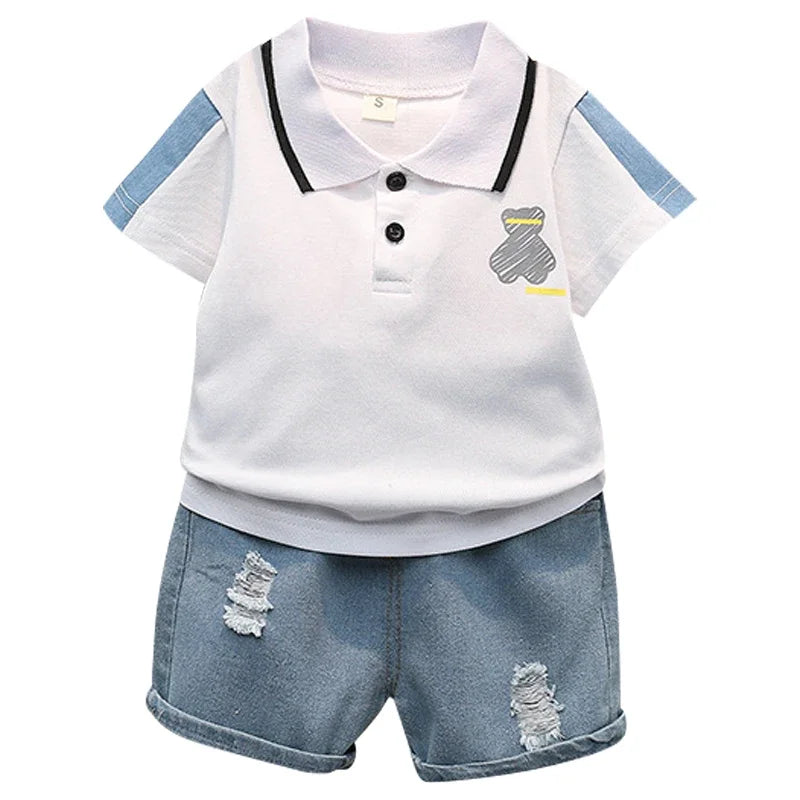 Baby clothes summer children's cartoon short sleeved set boys aged 0-5 solid color T-shirt denim shorts two-piece casual sportsw