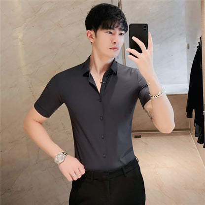 6colors High Quality New Solid High Elasticity Seamless Short Sleeve Shirts Men Slim Social Casual Business Formal Dress Shirt