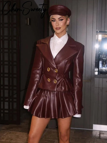 PU Leather Coat Pleated Mini Skirt Sets Women Lapel Double Breasted Long Sleeve Coats High Waist Skirts Set 2024 Lady Suits