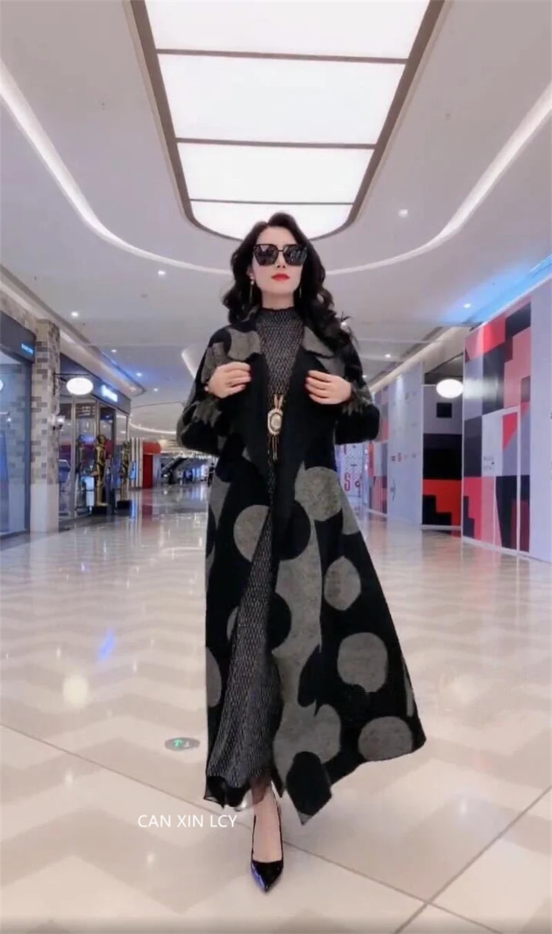 Polka Dot windbreaker For Women Long Windbreaker Loose Large Size L-5XL Overcoat Middle aged Female Wool Trench Coat Outcoat