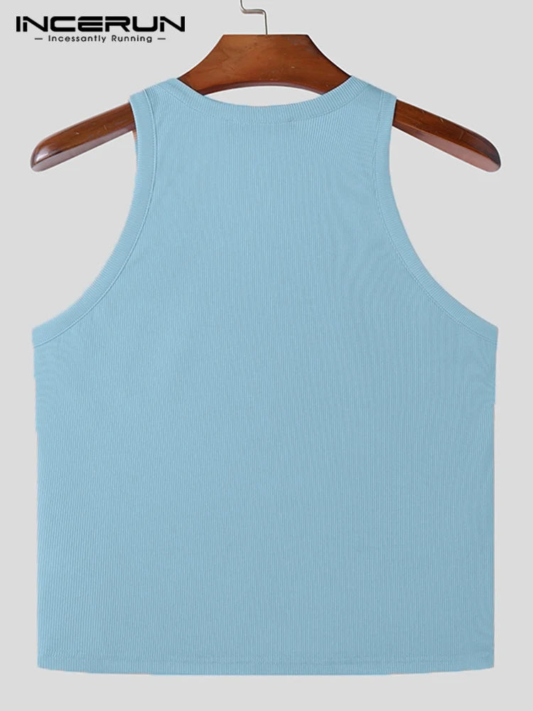 2024 Men Tank Tops Solid Color O-neck Sleeveless Streetwear Fitness Casual Male Vests Summer Fashion Crop Tops Men S-5XL INCERUN