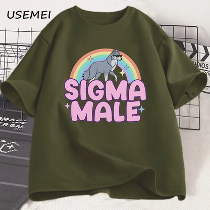 Sigma Male Lone Wolf T Shirt Funny Weird Rainbow Wolf Graphic Tee Men Women Casual Trendy Loose T-shirt Men's Clothing