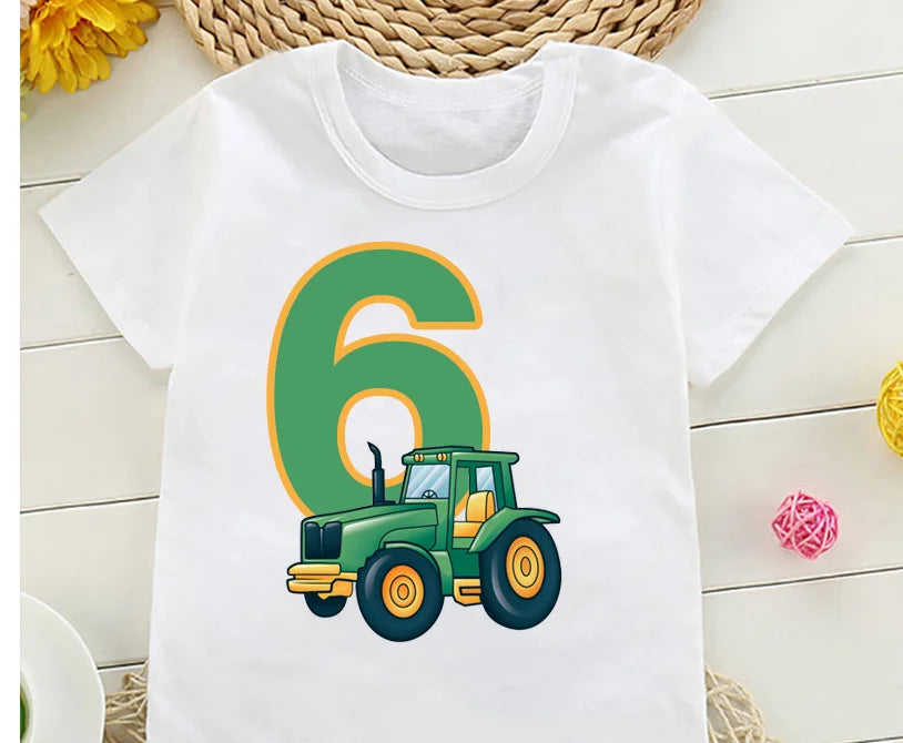 Cute Farmer Tractor 1-8 Years Old Happy Birthday T Shirt Kids Birthday Party Gift Children Funny Present T Shirt Tops