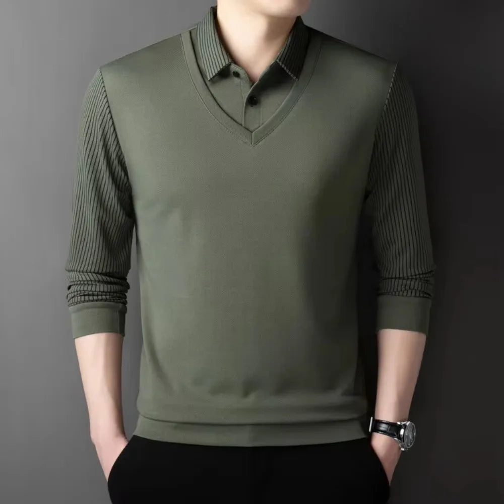 2025 Two Fake Collar Mens Daily Casual Tee Long Sleeve Sweatershirt  Pullover Tops Lapel Polo Tee