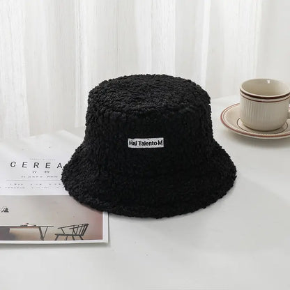 Winter Girl Boy Bucket Hat Cute Lamb Wool Letter Kids Fisherman Hat Solid Flat Top Hats Children Outdoor Thick Warm Sun Cap